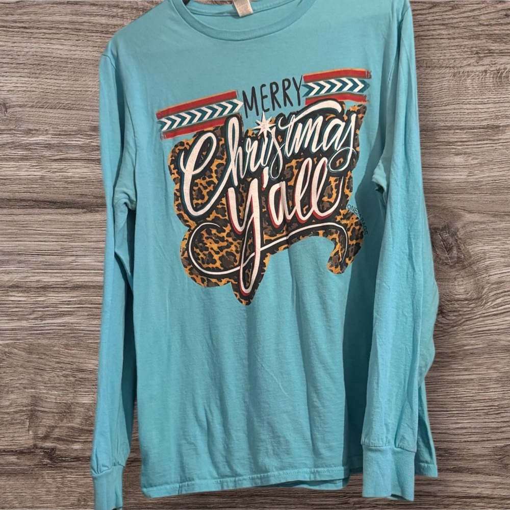 Merry Christmas Y’all Turquoise Tee | One 24 Rags | Size Medium